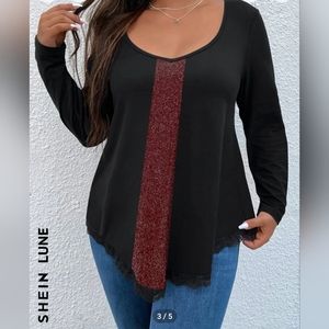 SHEIN Plus Contrast Lace Asymmetrical Hem Tee